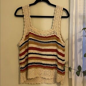 100% Cotton Friends Like These Orange/Blue Stripes Crochet Square Neck Vest Top